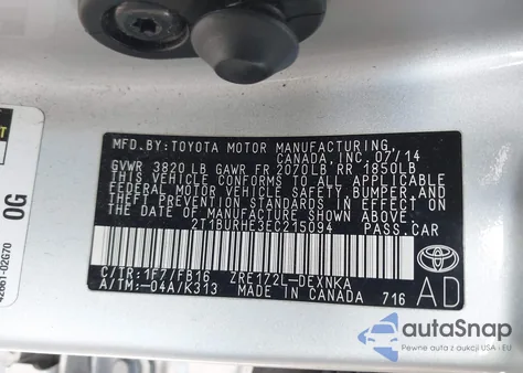 2014 Toyota Corolla Le из США, поврежденный, VIN 2T1BURHE3EC215094